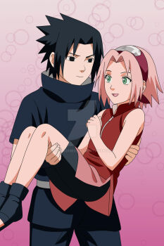 1boy 1girl black_eyes black_hair carrying carrying_person commentary devash89 english_commentary forehead_protector gradient_background green_eyes haruno_sakura headband highres naruto_(classic) naruto_(series) open_mouth pink_background pink_hair princess_carry red_headband short_hair sleeveless smile spiked_hair uchiha_sasuke