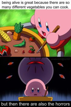 Rule 34 | blush stickers, carrot, cauldron, chili pepper, colored skin, cooking, corn, corn cob, dark matter (kirby), highres, jalapeno pepper, junebird24, kirby, kirby's dream land 3, kirby (series), maxim tomato, nintendo, no humans, one-eyed, pink skin, tumblr username, zero (kirby)