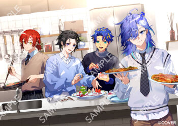 Rule 34 | 4boys, :d, alternate costume, antenna hair, aqua eyes, aqua hair, astel leda, bangs pinned back, black hair, black nails, black necktie, black pants, black sweater, blonde hair, blue hair, blue sweater, bowl, brown pants, brown sweater, cake, chopsticks, christmas, collared shirt, commentary request, cooking, copyright notice, counter, curtained hair, dutch angle, earrings, flower, food, food art, fruit, frying pan, grey sweater vest, hair between eyes, hair flower, hair ornament, hair over one eye, hairclip, hanasaki miyabi, holding, holding bowl, holding chopsticks, holding food, holding fruit, holding frying pan, holding plate, holostars, indoors, jar, jewelry, kanade izuru, kitchen, ladle, lightning bolt, lightning bolt earrings, lightning bolt hair ornament, lightning bolt symbol, long sleeves, looking at viewer, low ponytail, male focus, medium hair, minase rio, multicolored hair, multiple boys, nail polish, necktie, open mouth, pants, parted bangs, pasta, pastry bag, pizza, plaid clothes, plaid pants, plate, ponytail, purple eyes, purple hair, red hair, reed diffuser, refrigerator, sample watermark, shelf, shirt, short hair, single earring, sink, smile, spaghetti, spatula, standing, strawberry, streaked hair, sweater, sweater vest, teeth, tile wall, tiles, turtleneck, turtleneck sweater, untucked shirt, upper body, upper teeth only, virtual youtuber, watermark, white shirt, yellow eyes, yuuichi (bobobo)