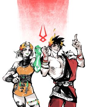 Rule 34 | 1boy, 1girl, ancient greek clothes, armlet, bare shoulders, black hair, black sclera, black tunic, blonde hair, bracer, breasts, colored sclera, commentary, cowboy shot, crescent, crescent hair ornament, dress, fist bump, greco-roman clothes, green eyes, hades (series), hades 1, hades 2, hair ornament, halter dress, halterneck, hand on own hip, heterochromia, highres, jewelry, laurel crown, medium breasts, melinoe (hades), orange dress, pants, parted lips, pectorals, red eyes, red pants, samatokiblank, short dress, short hair, single bare shoulder, skull ornament, smile, symbol-only commentary, toga, tunic, zagreus (hades)