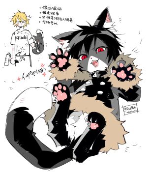 1boy animal animal_ear_fluff animal_ears animalization arm_up black_hair black_jacket blonde_hair buttons cat claws clothed_animal dated durarara!! eromkk fangs fur-trimmed_jacket fur-trimmed_sleeves fur_trim heiwajima_shizuo highres holding holding_animal holding_cat jacket male_focus open_mouth orihara_izaya pawpads red_eyes scratches shirt slit_pupils teeth tongue torn_clothes torn_shirt translation_request twitter_username white_background zipper_pull_tab