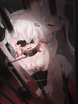Rule 34 | 2girls, absurdres, animal ear fluff, animal ears, ball and chain restraint, bdsm, blindfold, blush, bondage, bound, bound arms, bound wrists, breasts, bukkake, censored with cum, chain, chained, clothed female nude female, collar, collared dress, commentary request, covered eyes, cum, cum in mouth, cum on body, cum on breasts, cum on hair, cum on legs, cum on stomach, cum on upper body, cum string, cumdrip, diamond hair ornament, doggystyle, dress, eyes visible through hair, facial, femdom, grabbing another's breast, grabbing from behind, gradient hair, groping, hair ornament, hairclip, half-closed eyes, hand on another's face, highres, iron bars, leash, long hair, motion lines, multicolored hair, multiple girls, nipples, nude, open mouth, original, parallel hairclips, partial commentary, prison, restrained, sex, sex from behind, shinkaiobake, slave, sleeveless, sleeveless dress, small breasts, standing, standing sex, twintails, white dress, white hair