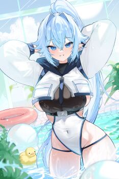 1girl absurdres baby_animal bird blue_eyes blue_hair breasts chick covered_navel gurami_(zangizarang) highleg highres large_breasts long_hair long_sleeves looking_at_viewer manjuu_(azur_lane) ponytail pool rubber_duck smile swimsuit thighs wading water wet