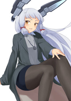 Rule 34 | 1girl, alternate costume, anchor symbol, black jacket, black pantyhose, black skirt, blush, breasts, commentary request, grey hair, grey shirt, hair ribbon, headgear, highres, jacket, jewelry, kantai collection, long hair, long sleeves, looking at viewer, murakumo (kancolle), necklace, open mouth, pantyhose, ribbon, shirt, sitting, skirt, smile, solo, tress ribbon, white background, yuki 4040