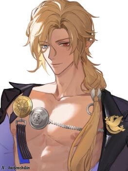 1boy abs absurdres baifenzhilin black_coat blonde_hair closed_mouth coat collarbone commentary_request ear_piercing earrings grey_eyes hair_between_eyes heterochromia highres hugo_vlad jewelry lapel_pin light_smile long_hair looking_at_viewer male_focus mole mole_under_eye nipples no_shirt piercing pointy_ears red_eyes ring_hair_ornament simple_background solo upper_body v-shaped_eyebrows white_background zenless_zone_zero