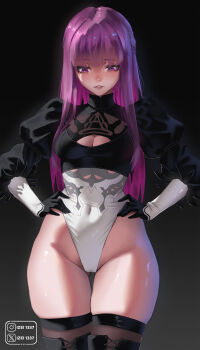 1girl 2b_(nier:automata) 2b_(nier:automata)_(cosplay) absurdres black_gloves black_thighhighs breasts cleavage_cutout clothing_cutout commentary cosplay covered_navel cowboy_shot fern_(sousou_no_frieren) gloves gluteal_fold gradient_background hands_on_own_hips highleg highleg_leotard highres instagram_logo instagram_username izei1337 juliet_sleeves legs_together leotard long_hair long_sleeves looking_down medium_breasts nier:automata nier_(series) parted_lips puffy_sleeves purple_eyes purple_hair solo sousou_no_frieren standing thigh_gap thighhighs twitter_username twitter_x_logo very_long_hair white_leotard