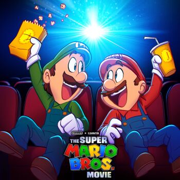 2boys absurdres blue_eyes blue_overalls box brothers brown_hair chair coin commentary cup english facial_hair food gloves green_hat green_shirt hat highres holding holding_food indoors looking_at_another luigi male_focus mario mario_(series) movie_theater multiple_boys mustache nintendo official_art open_mouth overalls popcorn red_hat red_shirt shirt shoes siblings smile soda disposable_cup teeth the_super_mario_bros._movie tongue universal_studios