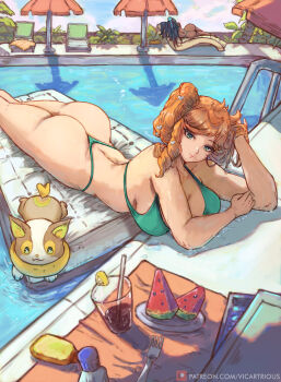 2girls absurdres artist_name ass beach bikini breasts commentary drink food fruit gen_8_pokemon green_eyes highres huge_ass looking_at_viewer multiple_girls nessa_(pokemon) nintendo orange_hair patreon_logo patreon_username pokemon pokemon_swsh self-upload side_ponytail sonia_(pokemon) swimsuit vicarious watermelon yamper