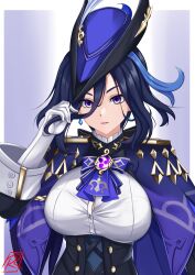 Rule 34 | 1girl, absurdres, ascot, black hair, blue ascot, blue hair, breasts, cape, cleavage, clorinde (genshin impact), corset, earrings, genshin impact, gloves, hand up, hat, highres, jewelry, large breasts, long hair, looking at viewer, parted lips, purple cape, purple eyes, rizcky ryu, shirt, solo, tricorne, upper body, white gloves, white shirt