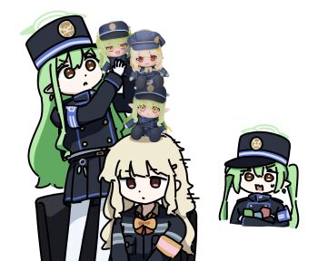 3girls aoba_(blue_archive) armband blonde_hair blue_archive blue_armband brown_eyes buttons character_doll doll double-breasted fang gloves green_hair green_halo halo hat highres hikari_(blue_archive) long_hair long_sleeves multiple_girls nozomi_(blue_archive) on_head open_mouth pantyhose peaked_cap pointy_ears raw_beef siblings simple_background sisters skin_fang stacking stuffed_toy twins twintails white_background white_gloves yellow_eyes