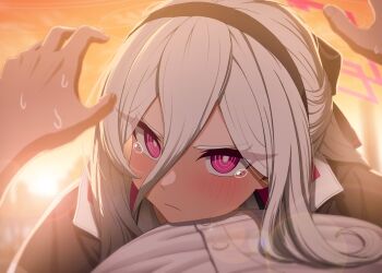 1girl angryangrykim black_hairband blue_archive commentary_request commentary_typo hair_between_eyes hairband halo hug kei_(blue_archive) kei_(new_body)_(blue_archive) long_hair_between_eyes looking_at_viewer original pink_halo pov pov_hands rectangular_halo ringed_eyes sensei_(blue_archive) shirt solo sweat tears upper_body white_hair white_shirt