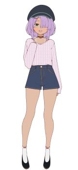 1girl :d alternate_costume arm_at_side black_choker black_hat black_shoes blunt_ends blush bow bowtie cafe_stella_to_shinigami_no_chou casual choker commentary dark-skinned_female dark_skin denim denim_shorts full_body green_eyes hair_ornament hair_over_one_eye hairclip hand_up happy hat highres hiuchidani_mei long_bangs looking_at_viewer one_eye_covered open_mouth peaked_cap pink_shirt print_shirt purple_hair red_bow red_bowtie shirt shoes short_hair shorts simple_background sleeves_past_wrists smile socks solo standing star_(symbol) star_print tachi-e tan tanline tft_(tft7822) white_background white_socks