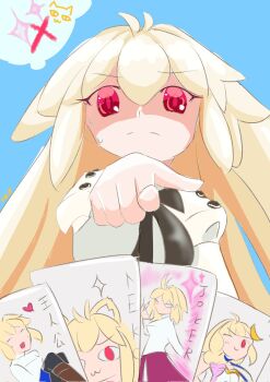 Rule 34 | 1girl, arcueid brunestud, black bow, black bowtie, blonde hair, bow, bowtie, card, eco-arc, highres, joker (playing card), long hair, long sleeves, multiple persona, neco-arc, neco spirit, phantas-moon, playing card, pointing, red arcueid, red eyes, shirt, solo, speech bubble, thought bubble, tsukihime, tsukihime (remake), vampire, white shirt