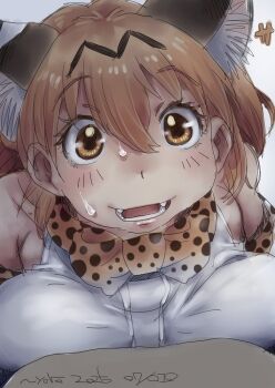 1girl animal_ears animal_print bare_shoulders blonde_hair blush bow bowtie cat_ears cat_girl cat_print close-up elbow_gloves extra_ears fangs gloves hair_between_eyes kemono_friends nyororiso_(muyaa) open_mouth print_bow print_bowtie print_gloves serval_(kemono_friends) shirt short_hair sidelocks sleeveless solo sweatdrop white_shirt yellow_eyes