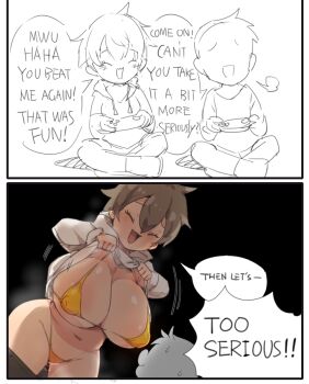 1boy 1girl 2koma :d bikini blush border breasts brown_hair closed_eyes clothes_lift comic controller english_text faceless faceless_male female_pervert game_controller grunt_frostwolf holding holding_controller holding_game_controller hood hood_down hoodie hoodie_lift huge_breasts indian_style large_breasts lifting_own_clothes micro_bikini navel open_mouth original partially_colored pervert playing_games pussy_juice short_hair shortstack sitting smile steaming_body swimsuit tomboy white_border white_hoodie wide_hips yellow_bikini