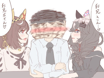 1boy 2girls absurdres animal_ears blush braid breasts brown_hair buena_vista_(umamusume) casual crossed_arms curren_bouquetd&#039;or_(umamusume) grey_eyes hair_between_eyes hair_ornament hairband highres horse_ears jewelry kumakuma19193 long_hair looking_at_viewer low_twin_braids medium_breasts meme motion_blur multiple_girls necklace open_mouth portrait table the_weaker_sex_1_(gibson) trainer_(umamusume) translated twin_braids umamusume white_background