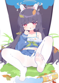 1girl absurdres ahoge animal_ear_hairband animal_ears artist_name bare_shoulders bikini bikini_top_only bikini_under_clothes blue_archive blue_serafuku blue_skirt blush bottle chinese_commentary collarbone commentary_request fake_animal_ears feet foot_focus full_body green_neckerchief grey_hair grey_halo hair_ornament hairband halo hand_on_own_chin highres leaf leaf_hair_ornament leaf_print long_hair long_sleeves looking_at_viewer miniskirt miyu_(blue_archive) neckerchief no_shoes off_shoulder pantyhose parted_lips pleated_skirt print_bikini rabbit_ear_hairband rabbit_ears red_eyes school_uniform serafuku simple_background sitting skirt soles solo sparerib- spill spread_legs swimsuit thighband_pantyhose toes water water_bottle wet white_background white_bikini white_hairband white_pantyhose