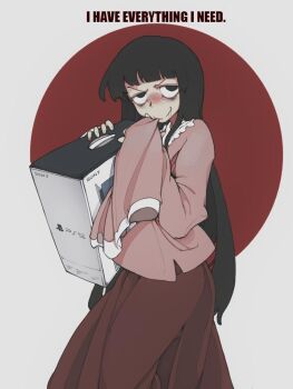 1girl black_eyes black_hair blush bolos box circle closed_mouth collared_shirt commentary cowboy_shot drooling english_text frilled_shirt frills game_console grey_background hime_cut holding holding_box houraisan_kaguya long_hair long_skirt long_sleeves looking_at_viewer neet pink_shirt playstation_5 pleated_skirt red_skirt shirt skirt sleeves_past_fingers sleeves_past_wrists smile solo sony standing straight_hair touhou v-shaped_eyebrows very_long_hair wide_sleeves