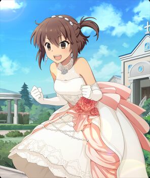1girl :d bare_shoulders blue_sky blush breasts brown_eyes brown_hair bush church clenched_hands cloud cross day dress earrings elbow_gloves etou_kanami floating_earrings flower game_cg gloves hands_up hedge jewelry leaning_forward medium_breasts necklace official_art one_side_up open_mouth outdoors pearl_necklace pillar pink_flower pink_rose rose short_hair sky smile solo stone_walkway strapless strapless_dress teeth third-party_source toji_no_miko toji_no_miko:_kizamishi_issen_no_tomoshibi tree upper_teeth_only wedding_dress white_dress white_gloves