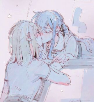 Rule 34 | 2girls, bang dream!, bang dream! it's mygo!!!!!, blonde hair, blue hair, blush, closed eyes, ear blush, hair ribbon, kiss, ladder, long hair, maybecrosswise, medium hair, misumi uika, multiple girls, parted lips, ribbon, short hair, sidelocks, sweatdrop, togawa sakiko, yuri