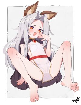 1girl :3 :d absurdres animal_ears barefoot black_cape blush boppin cameltoe cape commission covered_erect_nipples dress fang feet flat_chest full_body granblue_fantasy grey_hair hair_intakes highres jewelry legs loli long_hair looking_at_viewer m_legs necklace open_mouth pelvic_curtain red_eyes scathacha_(granblue_fantasy) sideless_dress smile soles solo spread_legs toes variant_set white_dress