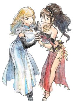 2girls black_eyes black_gloves brown_hair cape closed_mouth commentary_request dancer elbow_gloves gloves hair_between_eyes highres holding_hands long_hair mole mole_under_mouth multiple_girls octopath_traveler octopath_traveler_i ophilia_clement primrose_azelhart qqqqqli robe simple_background smile standing wavy_hair white_background white_cape white_robe