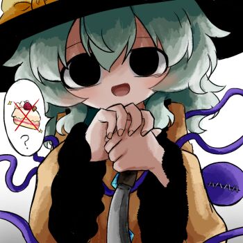 1girl black_eyes black_hat bow buttons cake cake_slice collared_shirt commentary_request diamond_button disembodied_linked_eye empty_eyes eyeball food frilled_shirt_collar frilled_sleeves frills gradient_background green_hair hair_between_eyes hat hat_bow heripantomorrow holding holding_knife knife komeiji_koishi long_hair long_sleeves looking_at_viewer open_mouth shirt smile solo spoken_food touhou upper_body wide_sleeves yellow_bow yellow_shirt