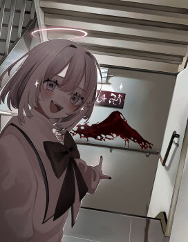 1girl absurdres backlighting black_nails blood blood_on_wall blush commentary_request halo hanataro_(sruvhqkehy1zied) highres indoors l_hand looking_at_viewer nail_polish open_mouth original pointing purple_eyes purple_hair railing sailor_collar shirt short_hair smile sparkle stairs teeth upper_body upper_teeth_only white_sailor_collar white_shirt