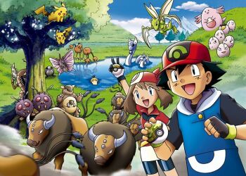 1boy 1girl :d antennae arm_up artist_request ash_ketchum baseball_cap bike_shorts bike_shorts_under_skirt black_gloves black_hair black_shirt black_shorts blue_eyes blue_sky blue_vest chansey closed_mouth cloud day doduo dragonair dratini dust egg exeggcute eyelashes fangs fingerless_gloves flying gen_1_pokemon gloves grass hat holding holding_poke_ball horns in_tree insect_wings kangaskhan may_(pokemon) multiple_heads multiple_tails nintendo nostrils official_art open_mouth outdoors pikachu pinsir poke_ball pokemon pokemon_(anime) pokemon_(creature) pokemon_rse_(anime) poliwag red_hat red_shirt safari_ball safari_zone scyther shirt short_hair short_sleeves shorts single_horn skirt sky smile tail tauros third-party_source tree v venomoth venonat vest water white_skirt wings
