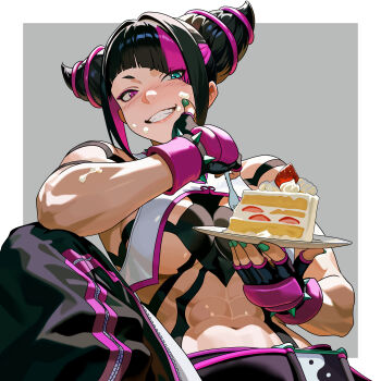 1girl abs absurdres bare_shoulders black_hair bracelet breasts cake commentary_request english_text fingerless_gloves food gloves green_nails han_juri happy_birthday happy_new_year highres holding holding_plate jewelry multicolored_hair muscular muscular_female nail_polish navel new_year pink_eyes pink_hair plate solo spiked_bracelet spikes street_fighter street_fighter_6 two-tone_hair underboob yagi_(joe731842)