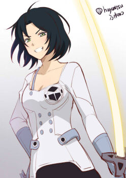 Rule 34 | 1girl, black hair, boots, breasts, commentary, energy sword, gloves, gradient background, green eyes, grey background, grey gloves, huyumitsu, incoming attack, kumagai yuuko, looking at viewer, medium breasts, medium hair, nasu squad's uniform, smile, strap, sword, twitter username, upper body, weapon, world trigger
