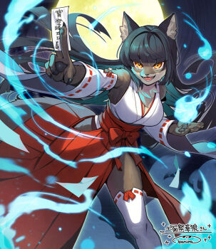 1girl animal_ear_fluff animal_ears animal_nose baniran_dorosu between_fingers black_hair blue_fire blunt_bangs body_fur breasts brown_fur cleavage commentary_request commission commissioner_name detached_sleeves fire floating_hair fox_tail full_moon furry furry_female hair_intakes hakama hakama_skirt holding japanese_clothes large_breasts long_hair looking_at_viewer miko moon ofuda ofuda_between_fingers open_mouth original pawpads pyrokinesis red_hakama ribbon-trimmed_sleeves ribbon-trimmed_thighhighs ribbon_trim sharp_teeth signature skeb_commission skirt solo tail teeth thighhighs very_long_hair white_sleeves white_thighhighs wide_sleeves yellow_eyes