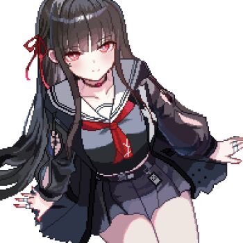 1girl black_choker black_hair black_jacket black_shirt black_skirt breasts chisa_(wuthering_waves) choker closed_mouth collarbone commentary feet_out_of_frame fingernails from_above hair_ribbon jacket long_hair looking_at_viewer looking_up medium_breasts mole mole_under_eye nail_polish neckerchief pixel_art red_eyes red_nails red_neckerchief red_ribbon ribbon sailor_collar shirt simple_background skirt smile solo thighs tinia_etru very_long_hair white_background white_sailor_collar wuthering_waves