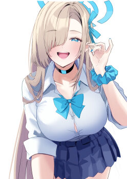 1girl :d absurdres asuna_(blue_archive) asuna_(school_uniform)_(blue_archive) blonde_hair blue_archive blue_eyes blue_halo blue_ribbon blue_scrunchie breasts commentary_request hair_over_one_eye hair_ribbon halo highres large_breasts long_hair looking_at_viewer nakano_kura official_alternate_costume open_mouth ribbon school_uniform scrunchie simple_background smile solo teeth upper_teeth_only white_background wrist_scrunchie