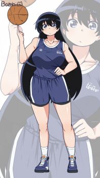 1girl arato_nagi artist_name ball bambi2000line bare_shoulders basketball_(object) basketball_uniform black_hair blue_shirt blue_shorts breasts commentary_request full_body hand_on_own_hip highres large_breasts long_hair looking_at_viewer ruri_no_houseki shirt shorts solo sportswear