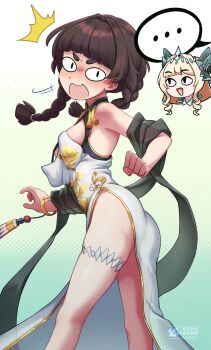 Rule 34 | <|> <|>, ..., 2girls, :d, arched back, bare legs, blush, braid, brown hair, caught, chime (nikke), china dress, chinese clothes, commentary, crown (naked king) (nikke), crown (nikke), disembodied head, dress, embarrassed, english commentary, frilled thigh strap, from behind, goddess of victory: nikke, highres, kidakash, looking back, loose clothes, multiple girls, official alternate design, open mouth, smile, surprised, thigh strap, twin braids, white dress