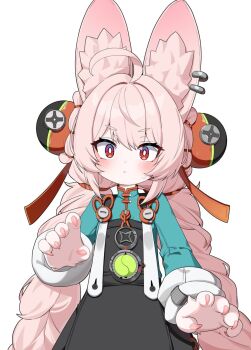 1girl animal_ears braid bright_pupils furry furry_female green_jacket jacket long_hair looking_at_viewer o-ring_necktie pink_hair red_eyes simple_background solo twin_braids very_long_hair w.k white_background white_pupils zenless_zone_zero zhao_(zenless_zone_zero)