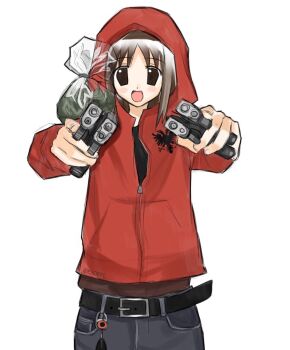 Rule 34 | 1girl, aiming, aiming at viewer, albanian flag, azumanga daiou, bag, belt, black belt, black pants, brown eyes, brown hair, brown shirt, cowboy shot, drugs, dual wielding, enjefl, gun, handgun, holding, holding gun, holding weapon, jacket, kasuga ayumu, marijuana, open mouth, pants, red jacket, shirt, simple background, smile, solo, weapon, white background