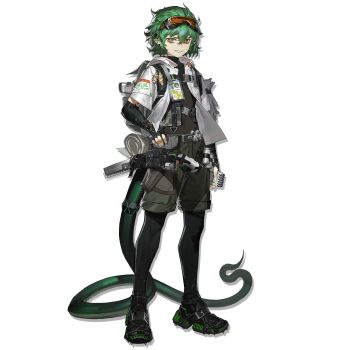 1boy arknights bags_under_eyes baimudafeiyu black_boots black_gloves black_pantyhose boots elbow_gloves fingerless_gloves fluffy_hair full_body gloves goggles goggles_on_head green_hair green_tail grey_shorts hair_between_eyes hand_on_own_hip highres holding id_card infection_monitor_(arknights) jacket looking_at_viewer male_focus material_growth official_art orange_eyes oripathy_lesion_(arknights) pantyhose pantyhose_under_shorts parted_lips pointy_ears short_hair short_sleeves shorts simple_background smile snake_tail solo standing tachi-e tail teeth third-party_source transparent_background verdant_(arknights) very_long_tail white_jacket