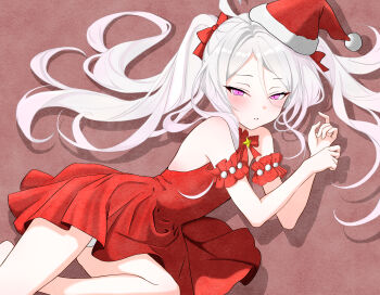 1girl absurdres blue_archive blush breasts christmas commentary_request dress hat highres hina_(blue_archive) long_hair looking_at_viewer lying on_side panties purple_eyes red_dress santa_costume santa_hat small_breasts solo underwear user_neuy4335 very_long_hair white_hair white_panties