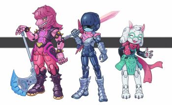 1girl 2boys armlet axe blue_skin blush_stickers boots bracelet colored_sclera colored_skin deltarune gauntlets glasses goat_boy goat_horns grin hair_over_eyes highres horns jewelry joints kris_(deltarune) long_hair lordyanyu mechabare mechanical_arms mechanical_hands mechanical_legs mechanization multiple_boys pink_hair pink_scarf ralsei robot robot_joints scarf sharp_teeth smile spiked_armlet spiked_bracelet spikes standing susie_(deltarune) sword teeth utdr_(toby_fox) weapon yellow_sclera