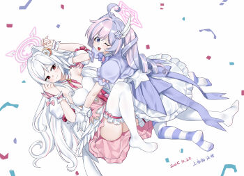 2girls ;d absurdres ahoge all_fours arm_up blue_archive blue_dress blue_hair blush bow bow_legwear bowtie breasts choker cleavage closed_mouth commentary confetti crescent crescent_hair_ornament detached_sleeves dress drill_hair eyes_visible_through_hair frilled_choker frilled_dress frilled_thighhighs frills from_above frown full_body furrowed_brow girl_on_top gloves hair_between_eyes hair_ornament hair_spread_out hand_up highres knee_up long_hair looking_at_viewer looking_up lying magical_girl medium_breasts multiple_girls neck_ribbon no_shoes official_alternate_costume official_alternate_hairstyle on_back one_eye_closed open_mouth pantyhose pink_dress pink_hair pink_ribbon puffy_short_sleeves puffy_sleeves purple_bow purple_bowtie purple_eyes red_eyes reisa_(blue_archive) reisa_(magical)_(blue_archive) ribbon shangdi_de_fa_zhang short_sleeves sidelocks simple_background sleeve_bow smile split_mouth star_(symbol) star_hair_ornament strapless strapless_dress striped_clothes striped_pantyhose suzumi_(blue_archive) suzumi_(magical)_(blue_archive) thighhighs thighs twin_drills twintails two-tone_dress v-shaped_eyebrows very_long_hair white_background white_dress white_gloves white_thighhighs white_wrist_cuffs wing_hair_ornament wrist_cuffs