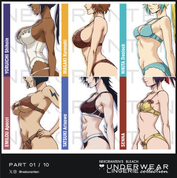 6+girls abs arisawa_tatsuki arm_behind_back arm_tattoo arrancar ass bare_shoulders black_hair bleach bleach:_memories_of_nobody bleach:_sennen_kessen-hen blonde_hair blue_hair bow bow_panties bra breasts brown_hair dark-skinned_female dark_skin emilou_apacci eyes_out_of_frame fur_bikini fur_trim hair_ornament hair_ribbon hand_on_own_hip head_out_of_frame huge_ass kurosaki_masaki large_breasts lingerie long_hair looking_at_viewer medium_breasts multicolored_hair multiple_girls name_tag nekoranten nikita_deathlock panties quincy_(bleach) ribbon senna_(bleach) shihouin_yoruichi shinigami short_hair sideboob small_breasts smile sports_bikini sports_bra sportswear sternritter tattoo thunder underboob underwear white_background