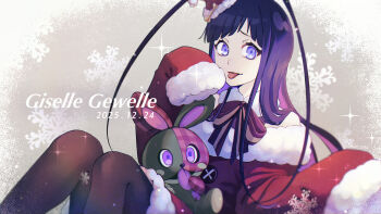 Rule 34 | 1boy, androgynous, antenna hair, bleach, blue eyes, dated, dress, giselle gewelle, hat, highres, long hair, looking at viewer, quincy (bleach), santa costume, santa dress, santa hat, sleeves past fingers, sleeves past wrists, snowflake print, solo, sparkle, sternritter, stuffed animal, stuffed toy, sumire 1046, tongue, tongue out, trap