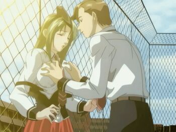 00s 1boy 1girl 2005 animal_ears animated animated_gif bible_black bible_black_only bouncing_breasts breasts breasts_squeezed_together closed_eyes clothes_pull dress fake_ears grabbing_another's_breast green_hair groping groping_breast ito_mika large_breasts long_hair necktie open_clothes opening_another's_clothes outdoors rabbit_ears red_dress school school_roof school_rooftop school_uniform sunset tagme