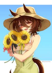 Rule 34 | 1girl, agnes tachyon (umamusume), ahoge, alternate costume, animal ears, bare shoulders, blue background, blush, brown hair, commentary request, cowboy shot, dress, earrings, ears through headwear, emil1030 blue, flower, hair between eyes, hat, highres, holding, horse ears, horse girl, horse tail, jewelry, messy hair, open mouth, red eyes, short hair, single earring, sleeveless, sleeveless dress, smile, solo, straw hat, sun hat, sunflower, tail, twitter username, two-tone background, umamusume, white background