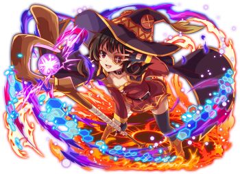 1girl :d anime_coloring artist_request asymmetrical_legwear bandaged_leg bandages belt belt_collar black_belt black_cape black_gloves black_hair black_hat black_thighhighs boots brown_boots button_eyes buttons cape collar collarbone crash_fever cross cross-laced_clothes cross-laced_dress cross_print dress eyepatch fingerless_gloves fire floating_cape full_body game_cg gloves hat hexagon holding holding_staff honeycomb_(pattern) kono_subarashii_sekai_ni_shukufuku_wo! leg_wrap legs_apart light_particles long_sidelocks long_sleeves mage_staff megumin mismatched_legwear number_print numbered official_art open_mouth outline print_boots red_dress red_eyes red_outline short_dress short_hair sidelocks single_thighhigh smile solo square square_print staff standing tachi-e thighhighs third-party_source transparent_background wide_sleeves witch_hat yellow_trim zettai_ryouiki