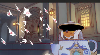 1girl absurdres anger_vein bird door english_text genshin_impact heart highres implied_sex serenitea_pot_(genshin_impact) speech_bubble spoken_heart teapot valenthania window