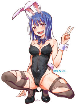 1girl animal_ears aoki_ruri black_leotard blue_hair blush bow bowtie breasts covered_navel detached_collar dragon_girl dragon_horns fake_animal_ears fake_tail fangs highleg highleg_leotard highres horns kaishaku leotard looking_at_viewer medium_breasts medium_hair open_mouth pantyhose playboy_bunny rabbit_ears rabbit_tail red_eyes remote_control_vibrator ruridragon sex_toy slit_pupils solo squatting strapless strapless_leotard tail thighhighs torn_clothes torn_thighhighs traditional_bowtie v vibrator white_background white_wrist_cuffs wrist_cuffs