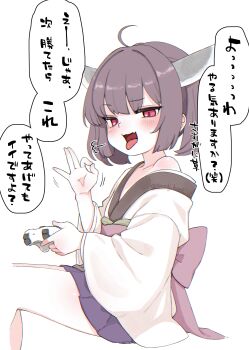 1girl ahoge blush brown_hair commentary_request controller fang fellatio_gesture flat_chest game_controller headgear highres holding holding_controller holding_game_controller japanese_clothes kimono komodj looking_at_viewer mesugaki miniskirt off_shoulder open_mouth pleated_skirt purple_skirt red_eyes short_hair sitting skin_fang skirt smile solo speech_bubble tongue tongue_out touhoku_kiritan translation_request voiceroid